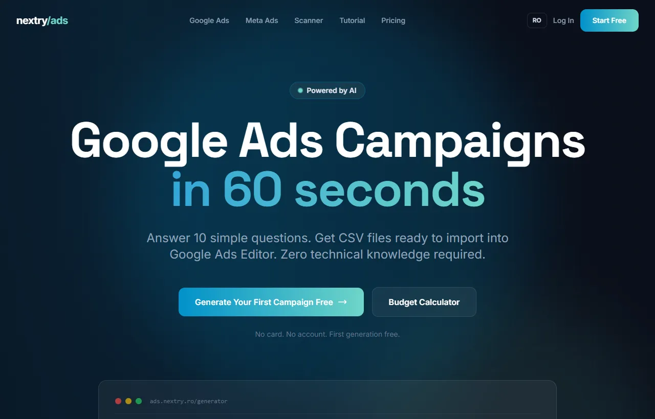 ads.nextry.ro — AI Google Ads campaign generator, a Nextry product