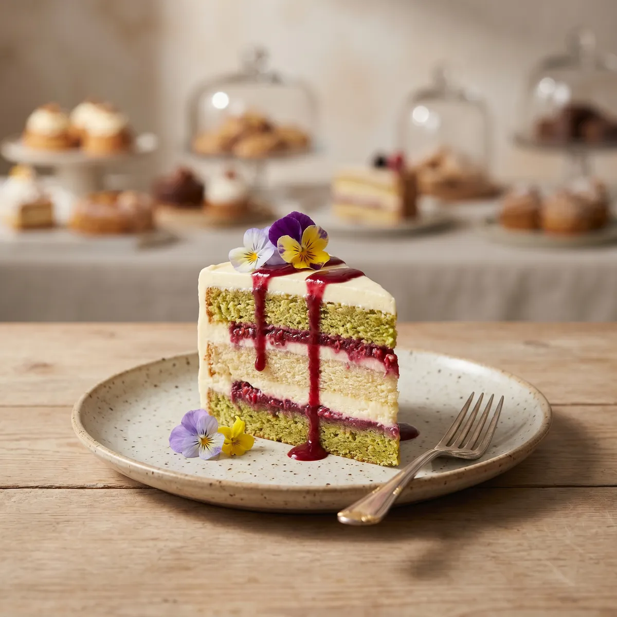 Slice of cake on a ceramic plate — AI product photography