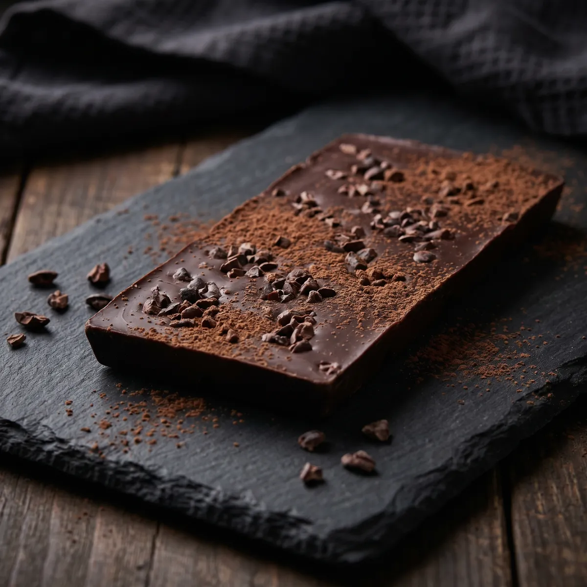 Artisan chocolate with cocoa on slate — AI product photography