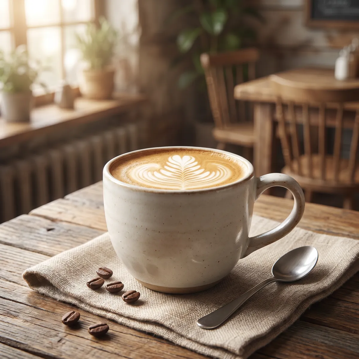 Coffee cup with latte art on a wooden table — AI product photography