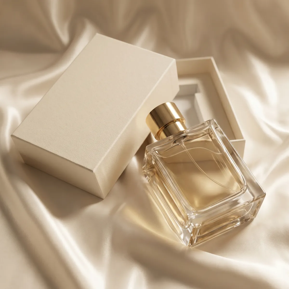 Fragrance gift set on satin — AI product photography