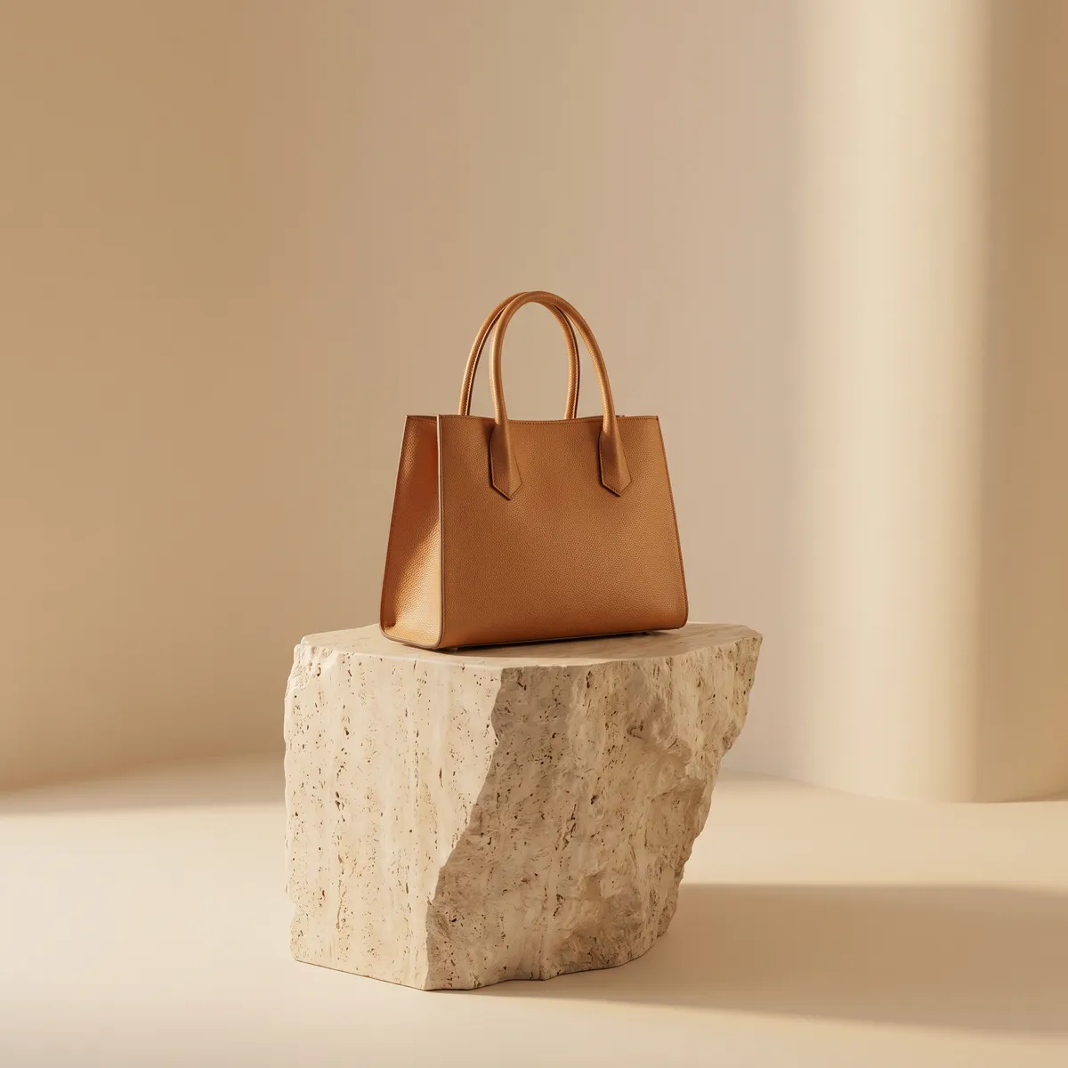 Leather handbag on a sculptural plinth — AI product photography