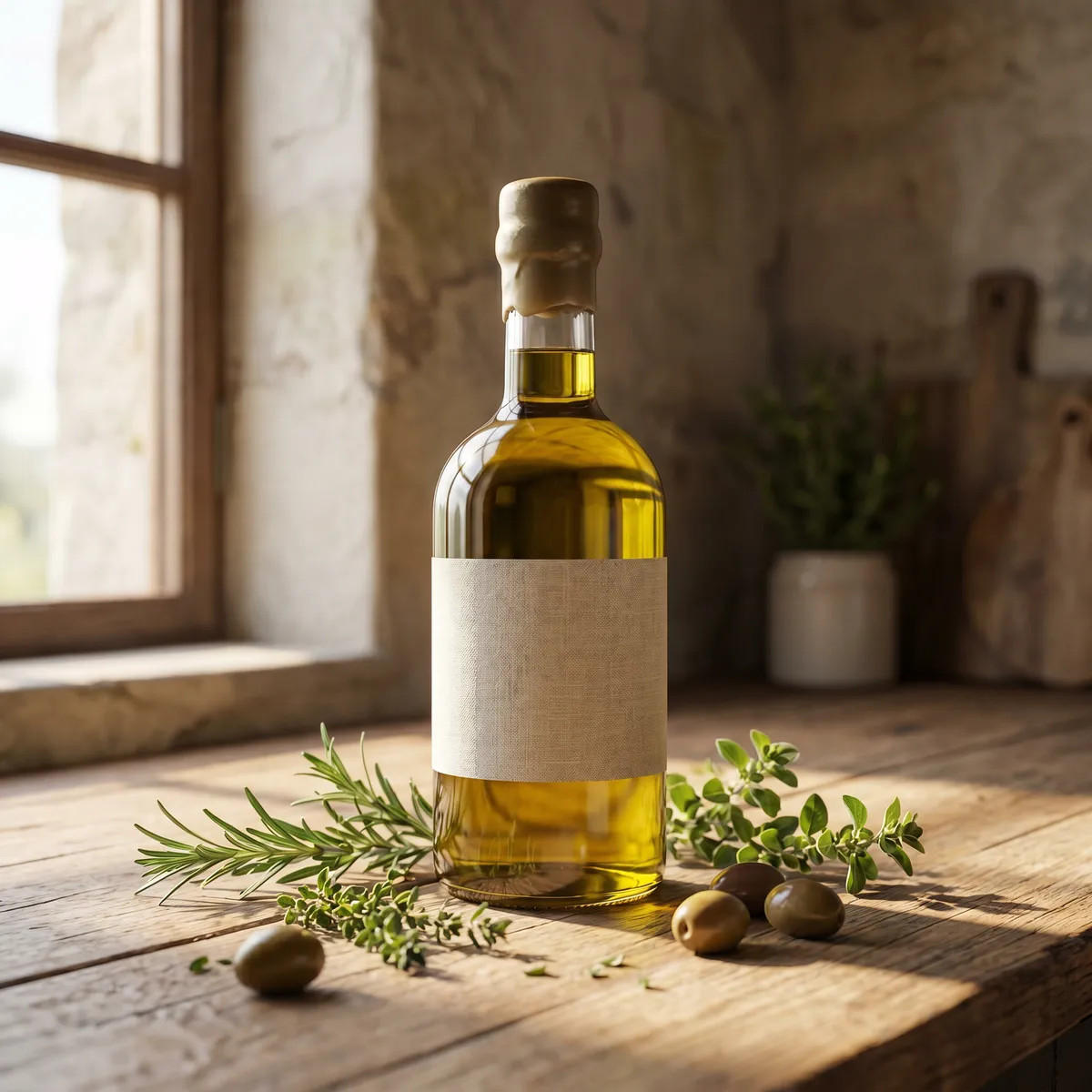 Premium olive oil bottle with herbs — AI product photography