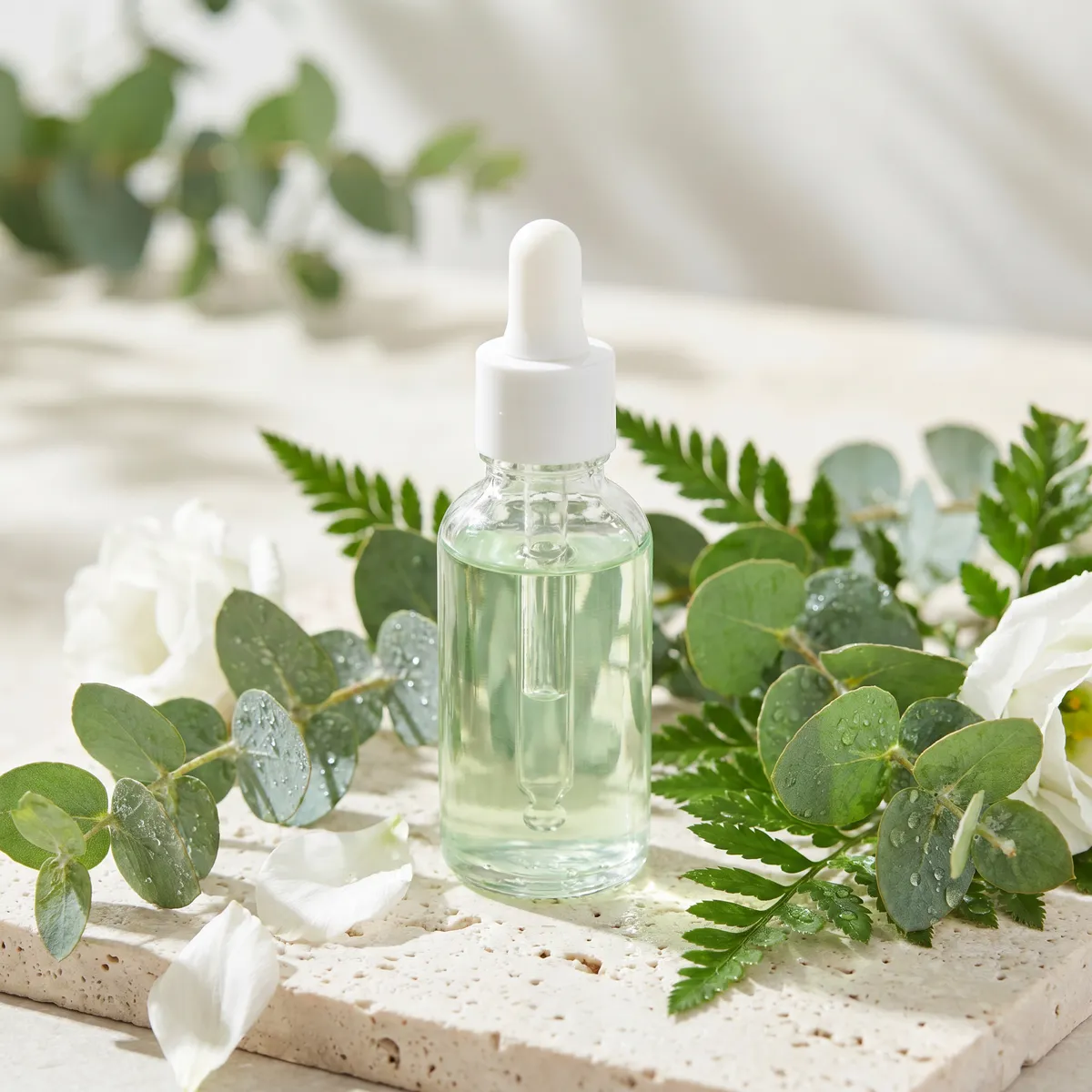 Cosmetic serum with botanicals and water droplets — AI product photography