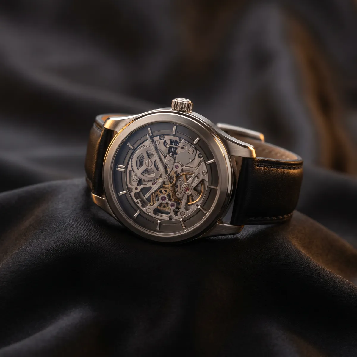Premium mechanical watch on silk — AI product photography