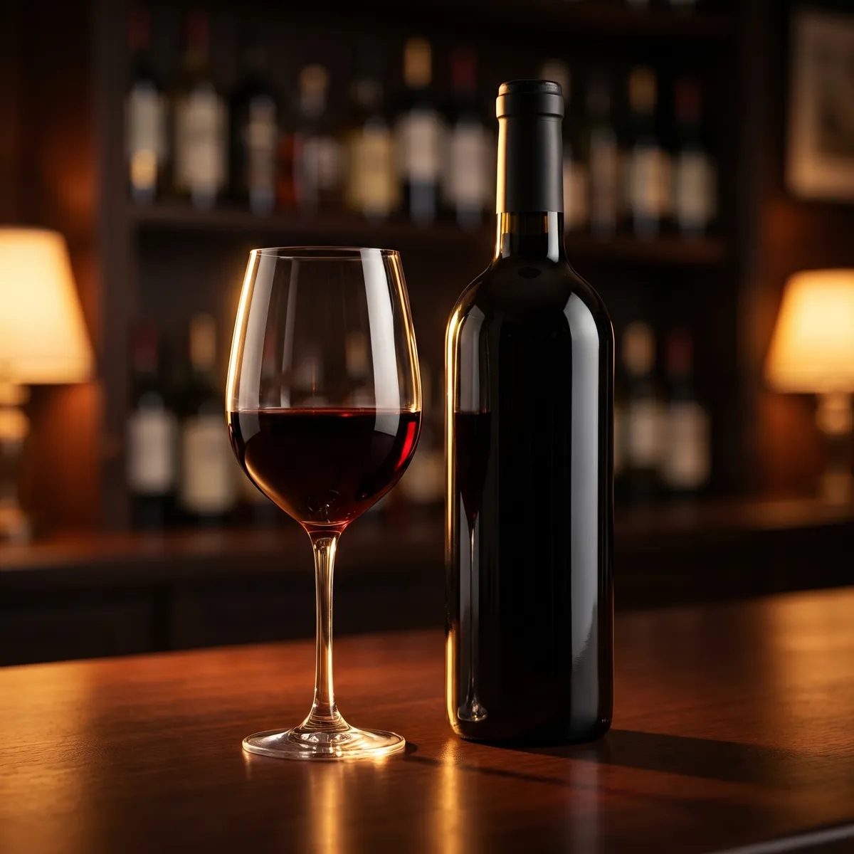 Glass of red wine on a dark bar — AI product photography