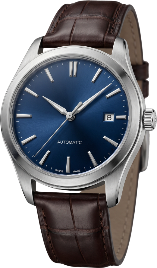 AI-generated product photography — luxury wristwatch with a blue dial and leather strap